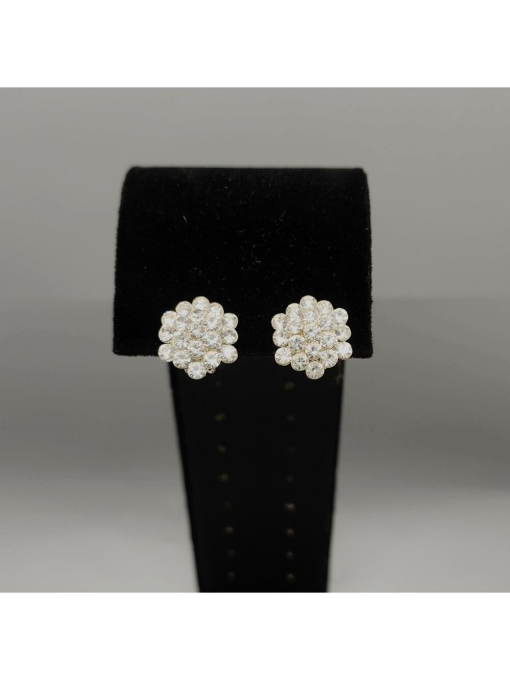 Flower Cluster Clip-On Earrings 0.5" Clear Rhinestone Silver Tone